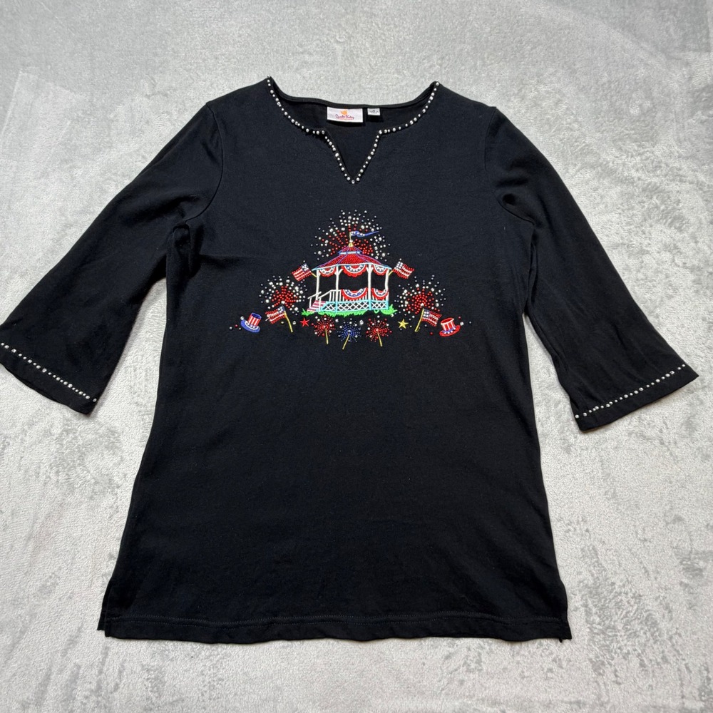 Vintage 90s Black Cotton Quacker Factory Americana Gazebo Top M L Patriotic Blng